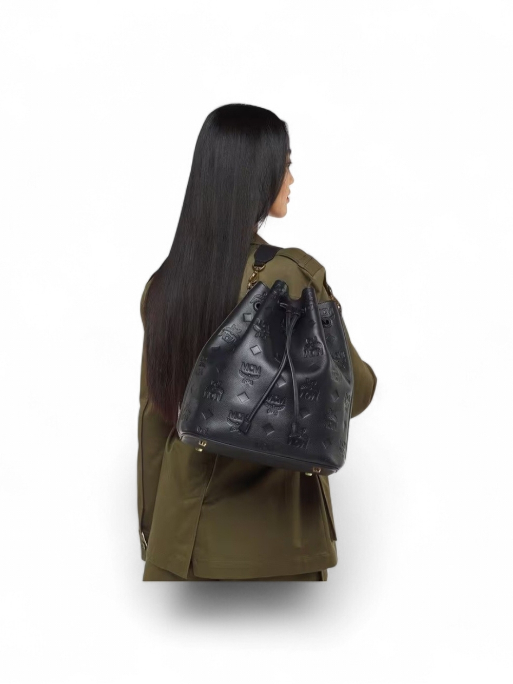 MCM Black Embossed Leather Drawstring Bucket Bag - Picture 4 of 6